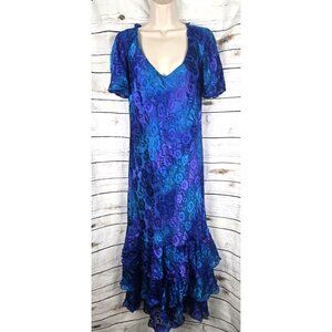 Simply Silk Blue Ruffle Dress XL Silk Blend Bias Cut Burnout Mermaid Artsy